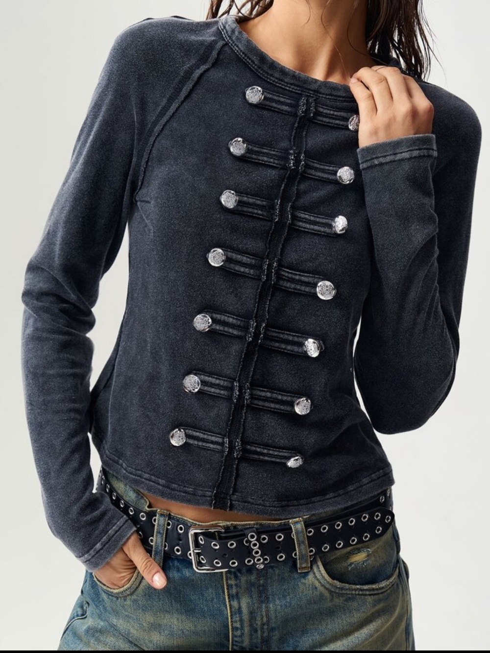 NEW ARRIVAL Women's Charocal Black Military-Style Long Sleeve TOP